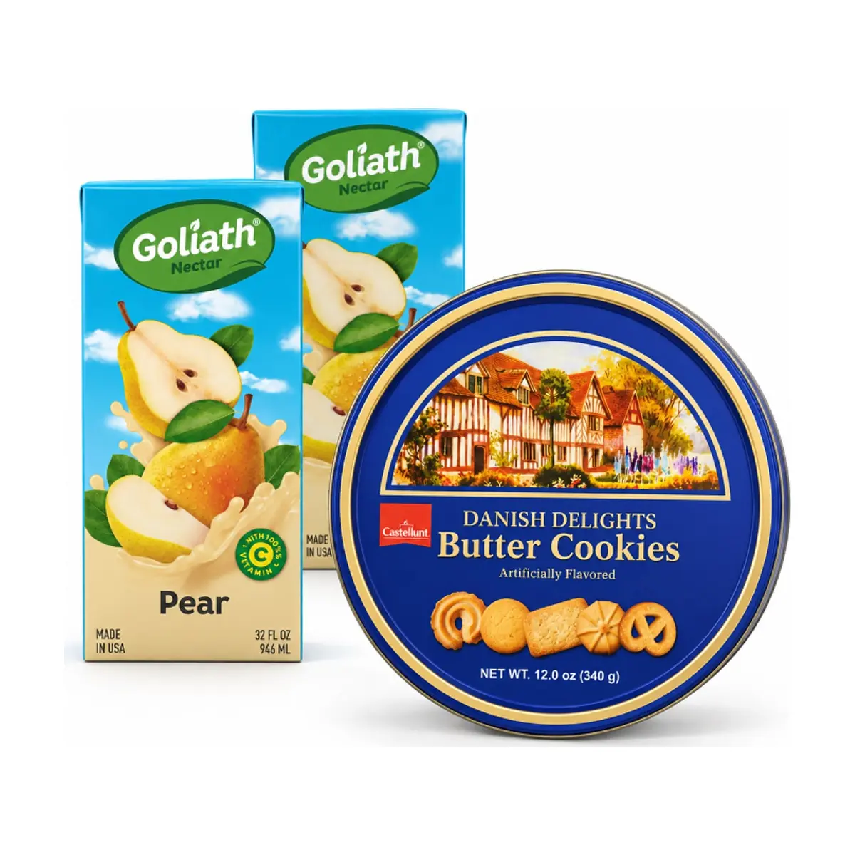 Galletas de mantequilla danesas y néctar de pera
