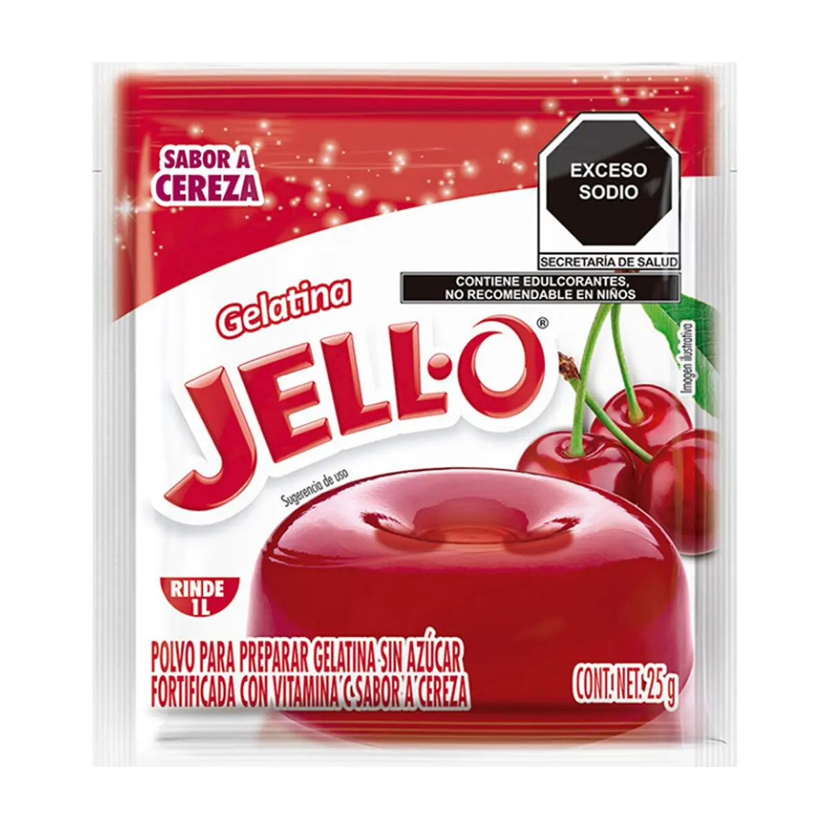 Gelatina sin azúcar fortificada con vitamina C sabor cereza Jell-O (25 g)