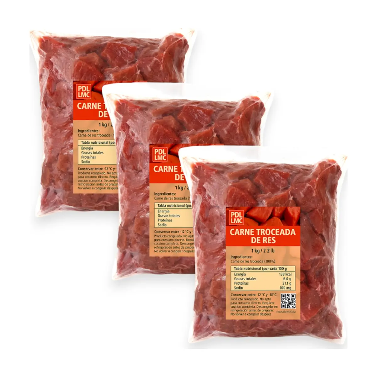 Carne troceada de res PDL LMC (3 x 1 kg / 2.2 lb)