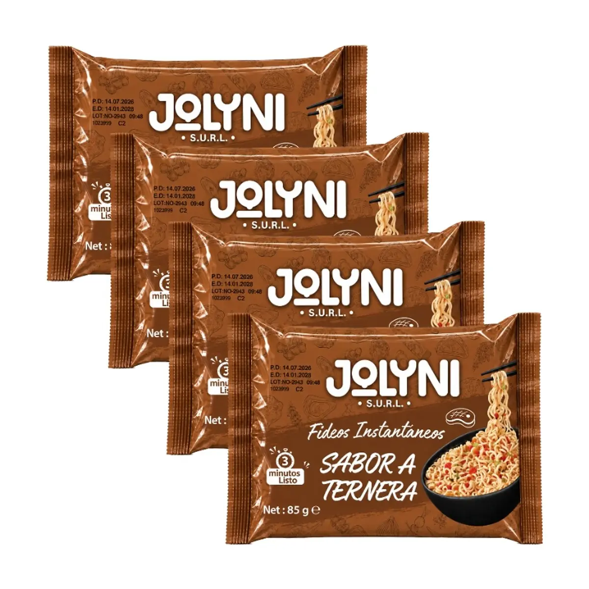 Sopa de fideos instantáneos sabor ternera Jolyni (4 x 85 g / 3 oz)