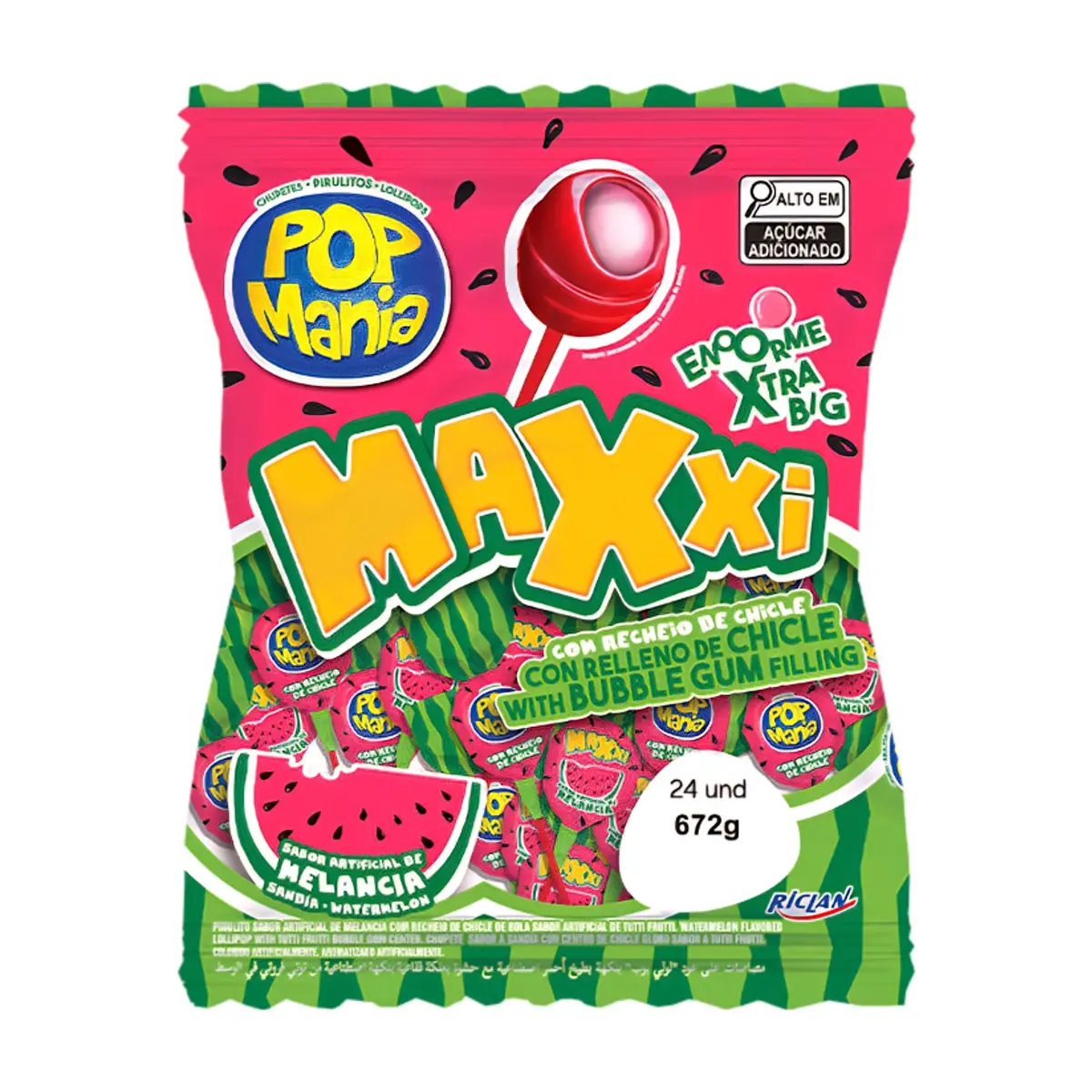 Chupa chupa sabor sandía con relleno de chicle Pop Mania Maxxi (672 g / 1.48 lb)