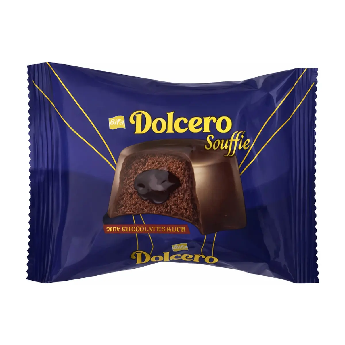 Pastel souffle de cacao con salsa de chocolate con leche Bifa Dolcero (50 g / 1.76 oz)