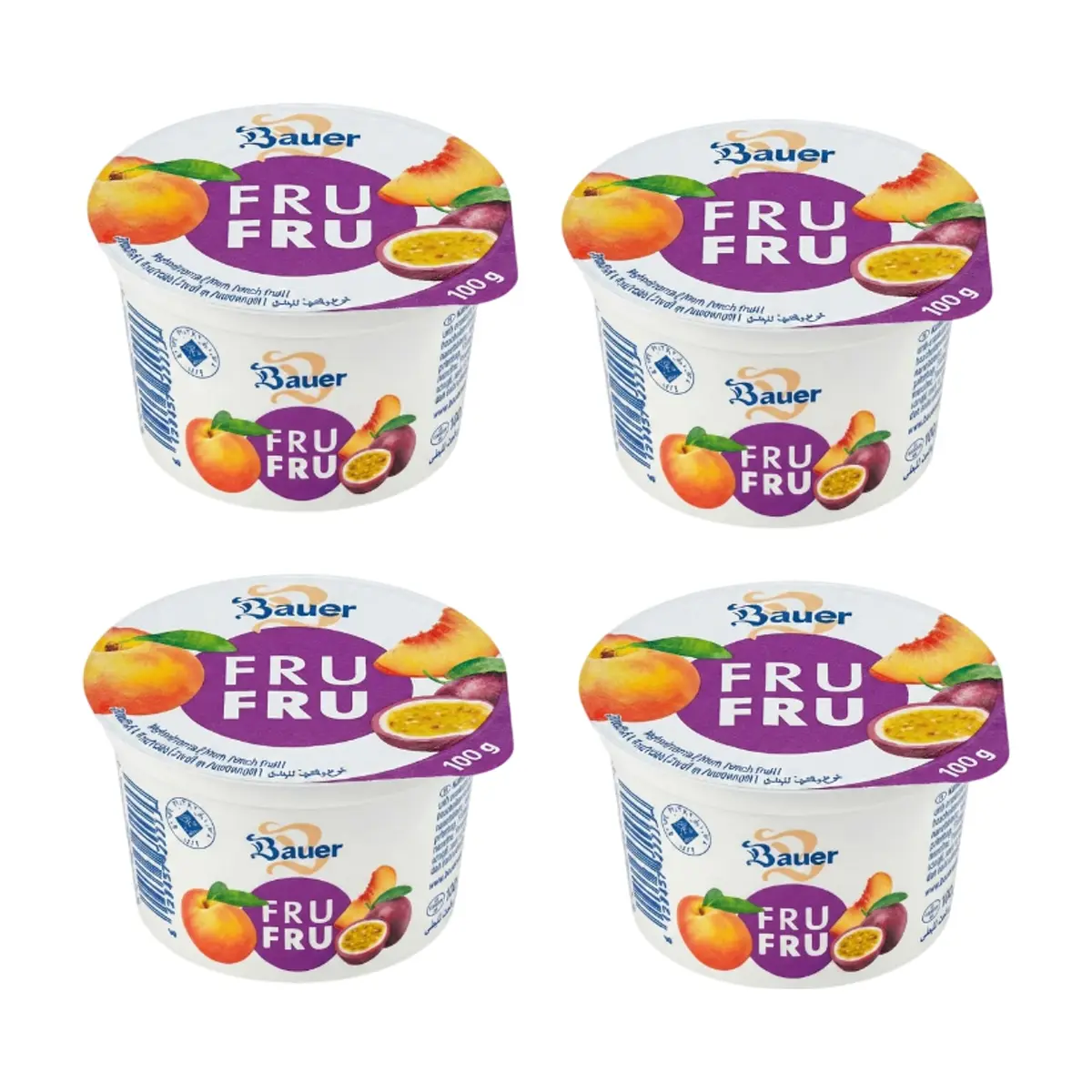 Yogur sabor melocotón-maracuyá Bauer Fru Fru (4 x 100g / 3.53oz)