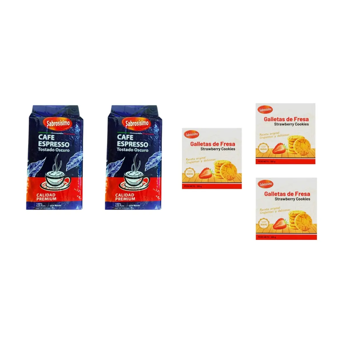 Combo Café espresso premium Sabrosísimo (2 x 250 g / 8.81 oz) + Galletas de mantequilla con sabor a fresa Sabrosísimo (3 x 100 g / 3.52) - Imagen 1