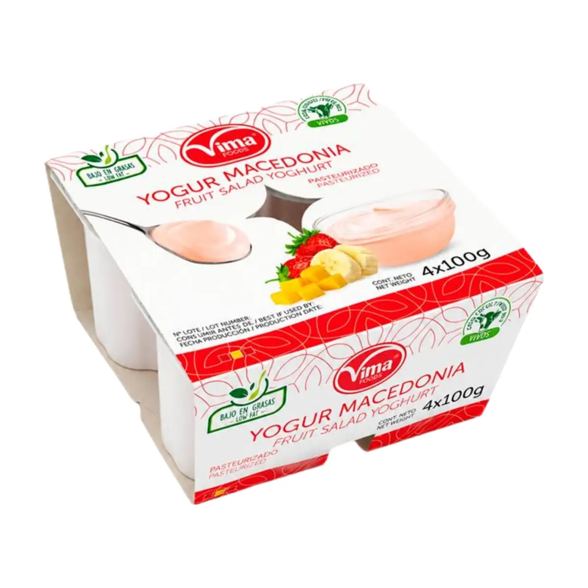Yogurt pasteurizado sabor macedonia Vima Foods (4 x 100 g / 3.52 oz) - Imagen 1
