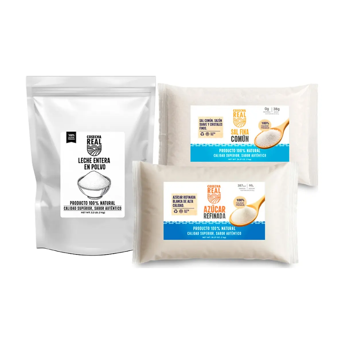 Combo básico esencial Cosecha Real #7: Sal fina común + Azúcar refinada + Leche entera en polvo