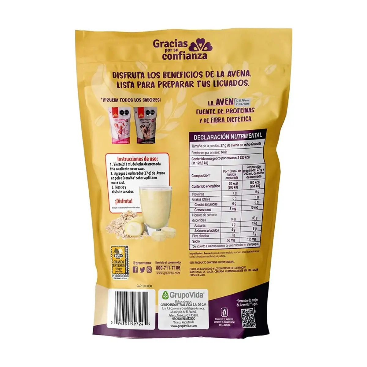 Avena en polvo sabor plátano y mora azul Granvita (400 g / 14.11 oz) - Thumbnail 2