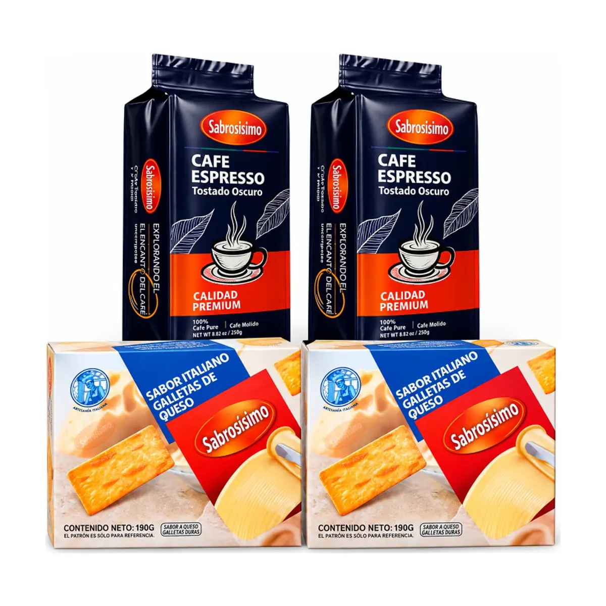 Combo Café espresso tostado y molido premium Sabrosísimo (2 x 250 g / 8.81 oz) + Galletas de queso Sabrosísimo (2 x 190 g / 6.70 oz)