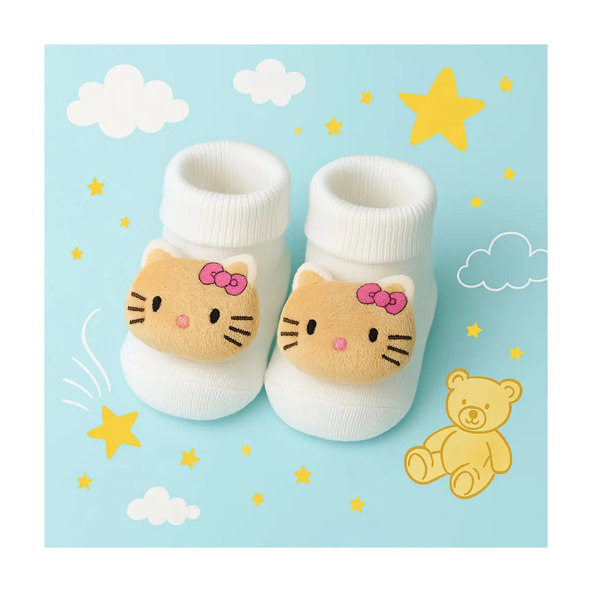 Par de calcetines de color blanco con sonajero de peluche para bebé Ayaydin Miroglio - Miniatura 3