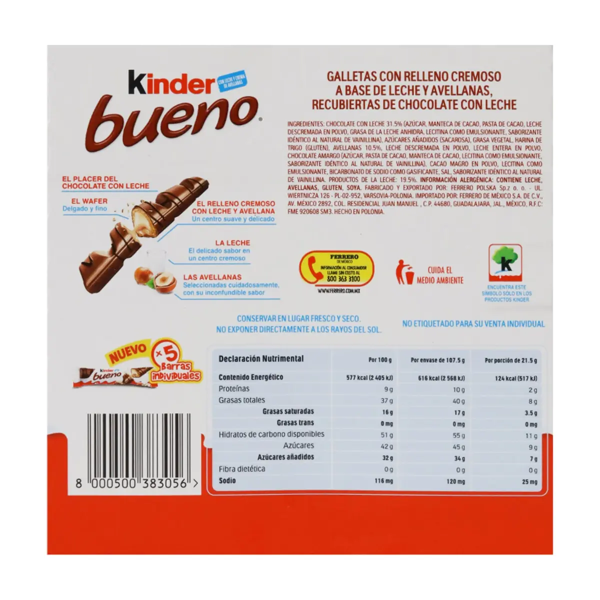Galletas con relleno cremoso a base de leche y avellanas recubiertas de chocolate con leche Kinder Bueno (107.5 g / 3.79 oz) - Miniatura 2
