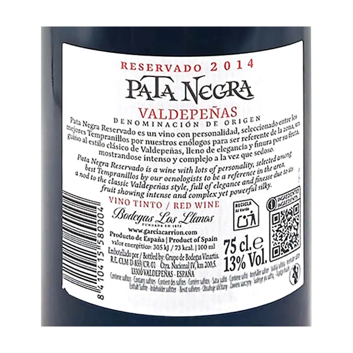 Vino tinto Valdepeñas Tempranillo Reservado Pata Negra (750 ml) - Thumbnail 2