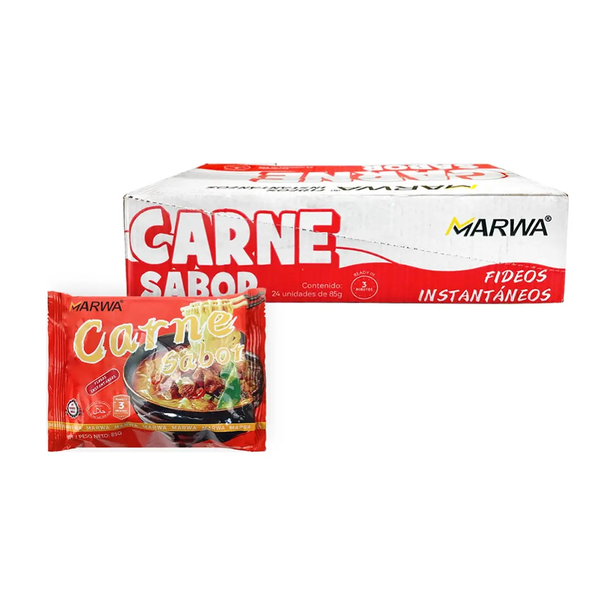 Sopa instantánea de fideos sabor carne Marwa (24 x 85 g / 3 oz)