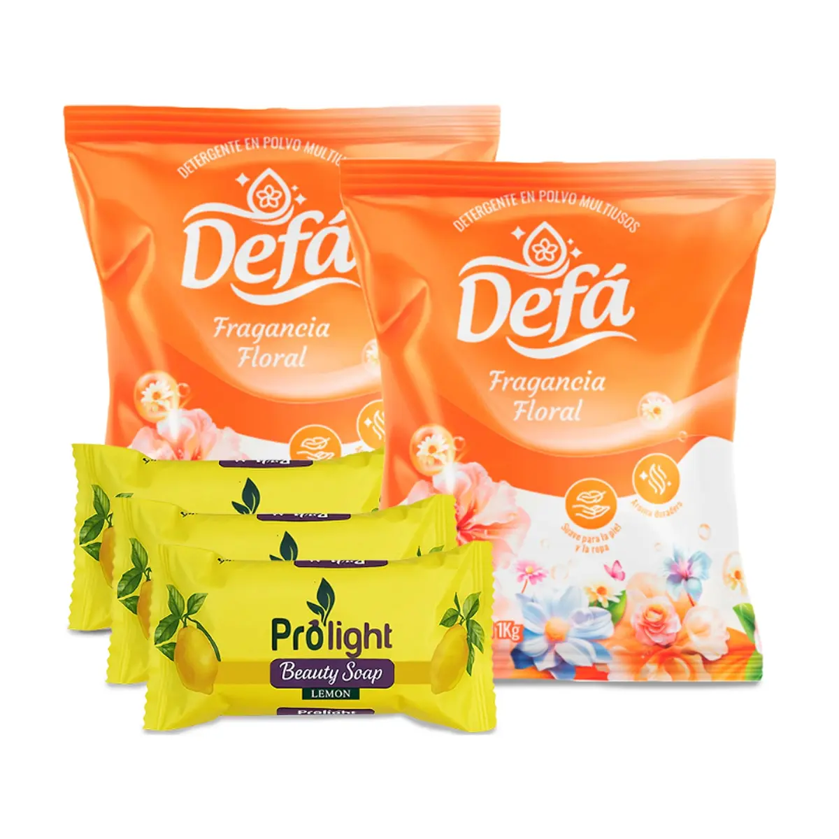 Combo de jabones y detergentes #3: Detergente en polvo multiusos fragancia floral Defá + Jabón de belleza con fragancia a limón Prolight