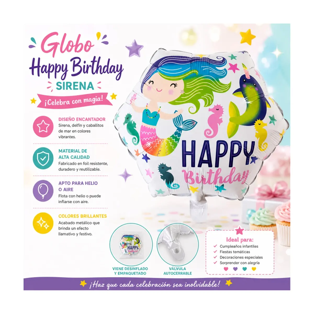 Globo hexagonal con cartel de Happy birthday y diseño de sirenita Ballon (18 pulgadas) - Thumbnail 4