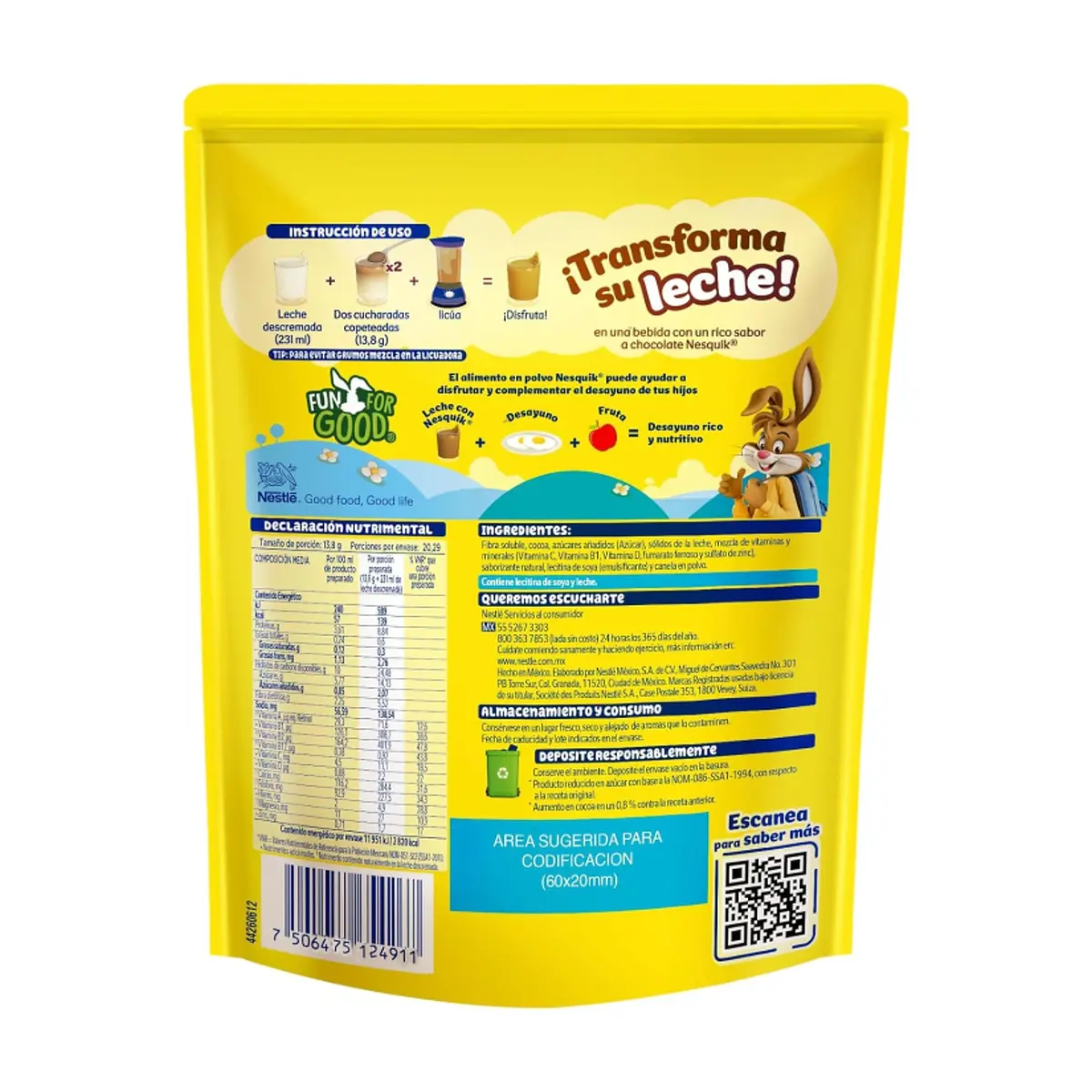 Alimento en polvo para preparar bebida fortificada con sabor a chocolate reducida en azúcar Nestlé Nesquik Plus (280 g / 9.88 oz) - Thumbnail 3