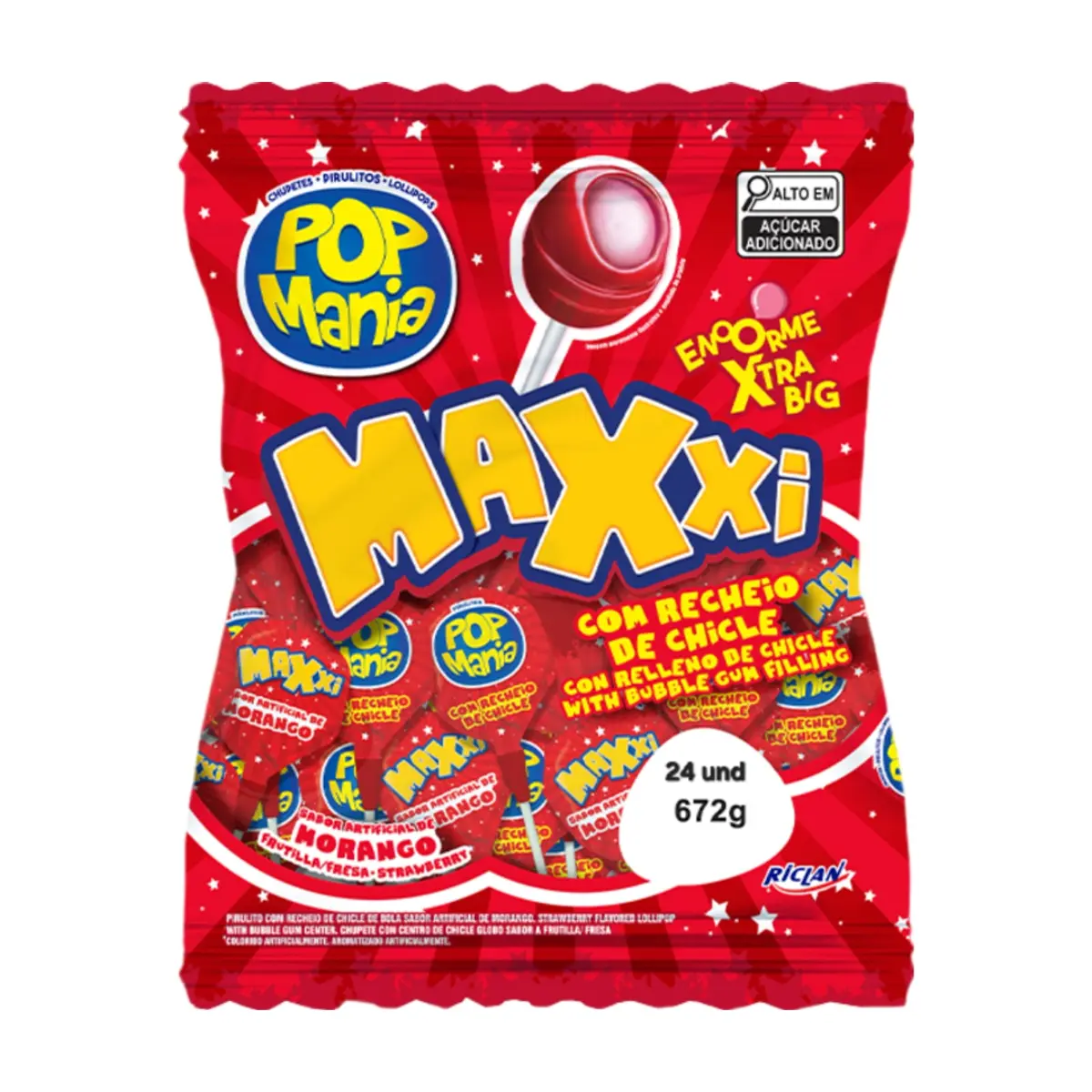 Chupa chupa sabor fresa con relleno de chicle Pop Mania Maxxi (672 g / 1.48 lb)