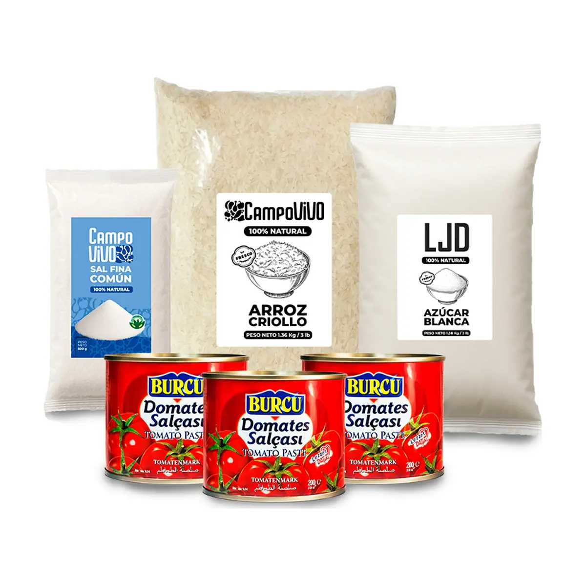 Combo básico de cocina: Arroz criollo Campo Vivo + Azúcar blanca LJD + Sal fina común Campo Vivo + Pasta de tomate Burcu