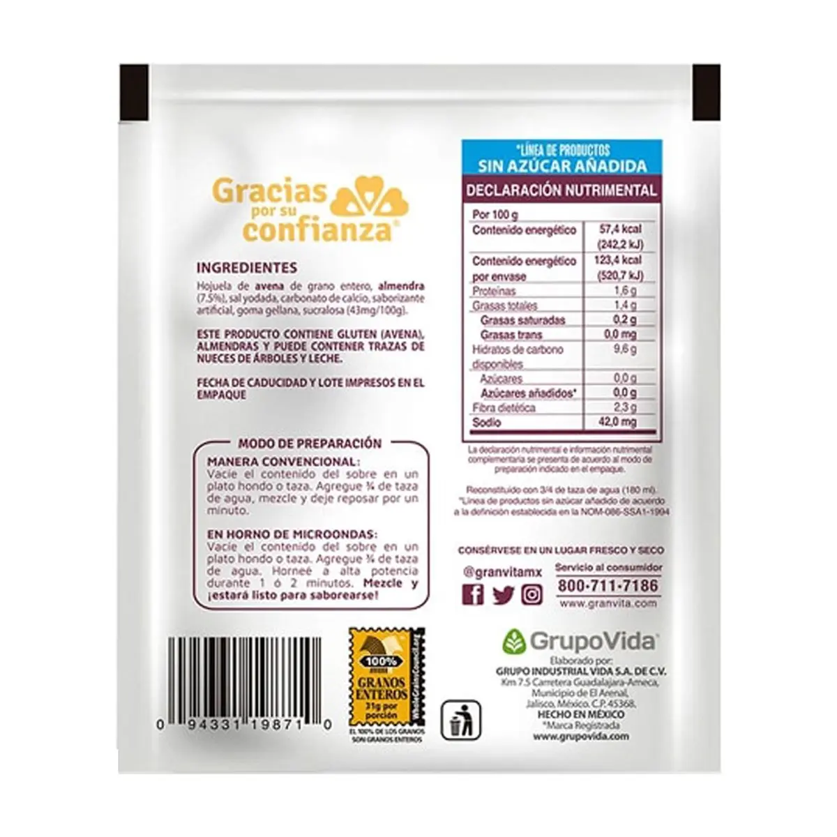 Avena integral instantánea sabor vainilla con almendras Granvita (35 g / 1.23 oz) - Thumbnail 3