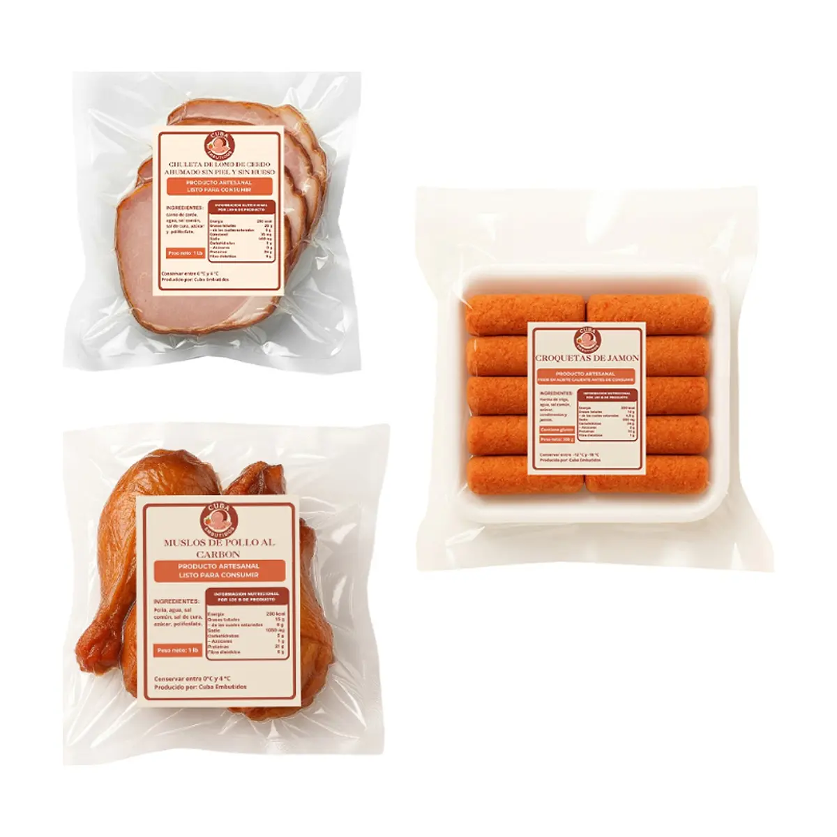 Chuletas de lomo de cerdo ahumado sin piel y sin huesos+ Muslos de pollo al carbón + Croquetas de jamón