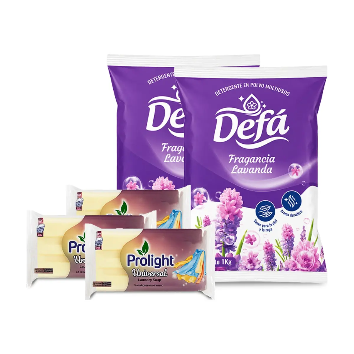 Combo Aseo y Limpieza #6: Detergente en polvo multiusos fragancia de lavanda Defá + Jabones de lavar con enzimas Prolight