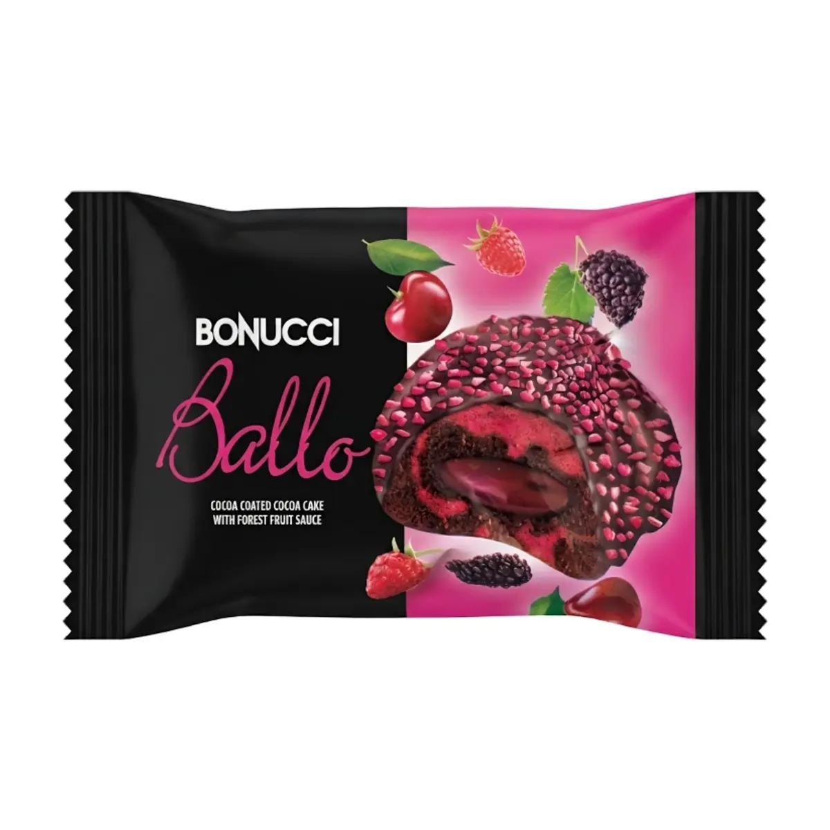 Pastel de chocolate relleno y cubierto de crema de frutos del bosque Bonucci Ballo (40 g / 1.41 oz)