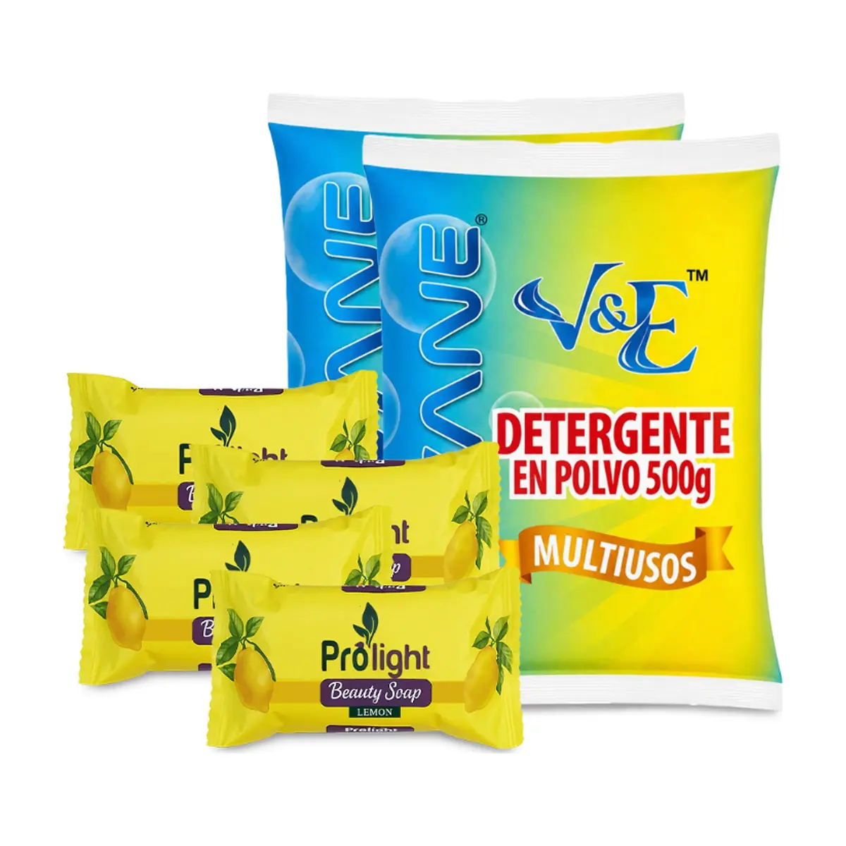 Combo de higiene y limpieza #12: Detergente en polvo multiuso con aroma floral Lavane + Jabón de belleza con fragancia a limón Prolight