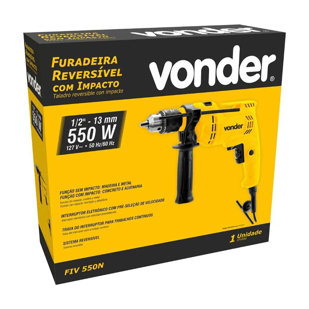 Taladro reversible 1/2'' con impacto de 127 V FIV550N Vonder - Thumbnail 2