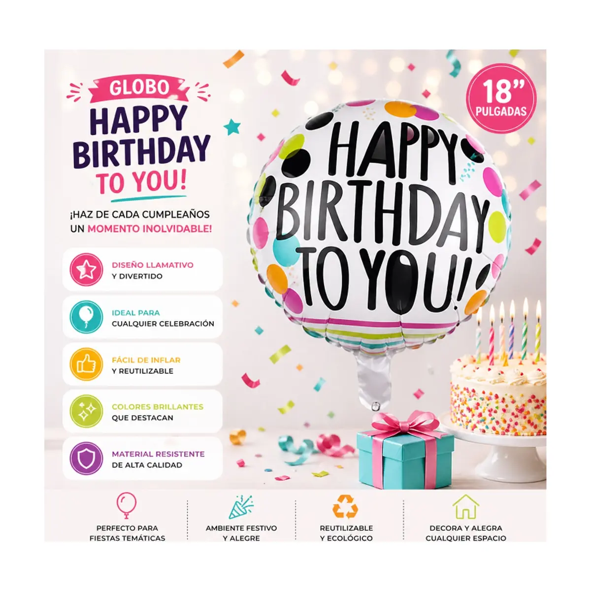 Globo con cartel de Happy Birthday y diseño de puntos de colores 18 pulgadas Balloon - Thumbnail 4