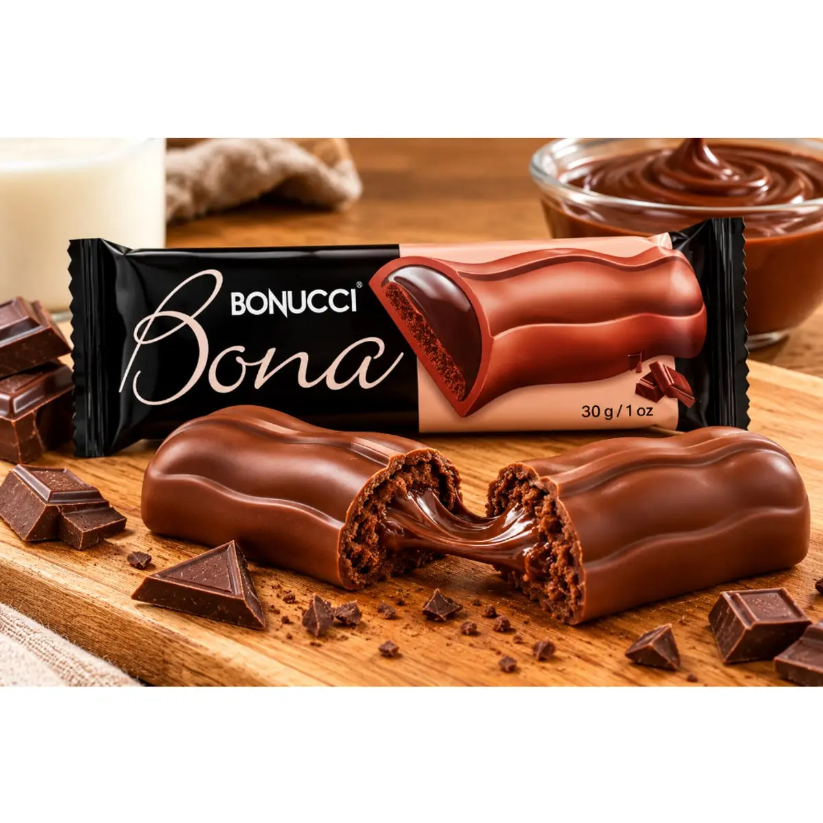 Barra de chocolate con leche rellena de crema de chocolate negro y galleta de cacao Bonucci (30 g / 1.0 oz) - Miniatura 4