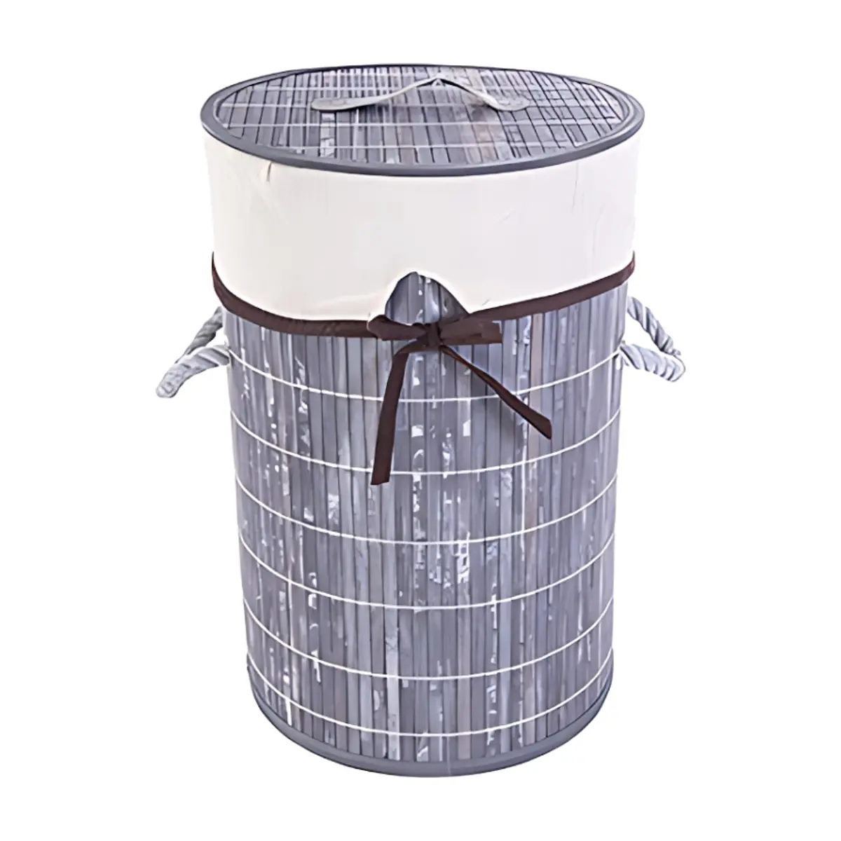 Ropero de bambú plegable redondo gris con lazo de 28 cm x 42 cm