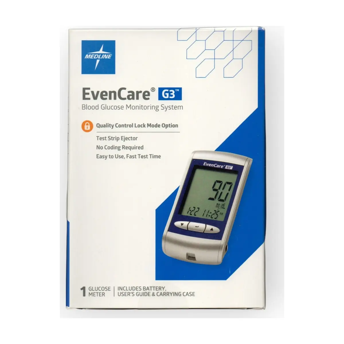 Sistema de monitorización de glucosa en sangre. Glucómetro. Medline EvenCare G3
