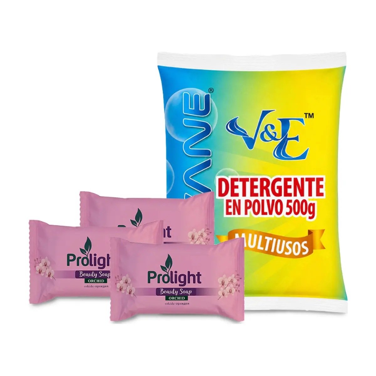 Combo básico de higiene y limpieza #3: Detergente en polvo multiuso con aroma floral Lavane + Jabón de belleza con fragancia a orquidea Prolight