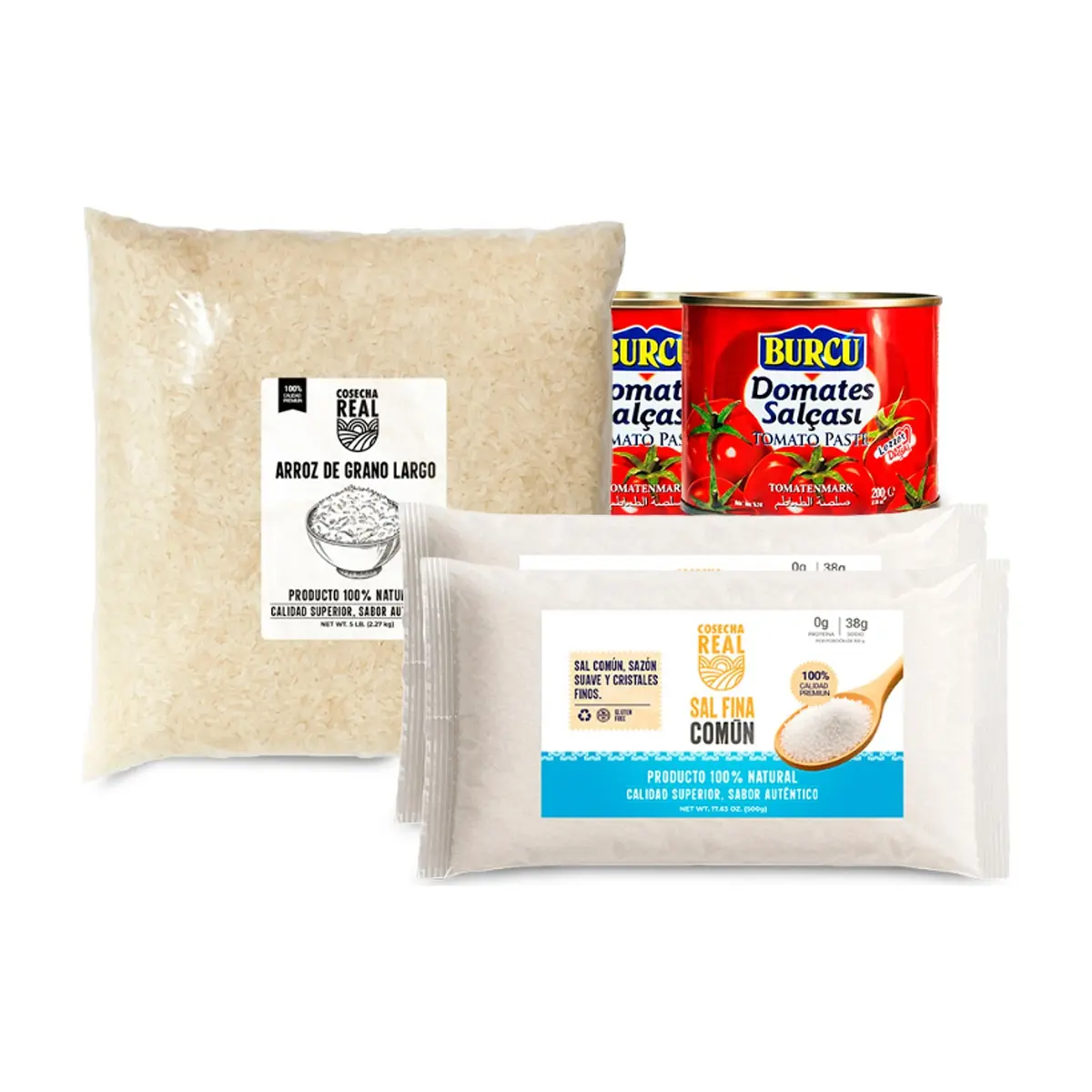 Combo básico de cocina #5: Sal fina común Cosecha Real + Arroz de grano largo Cosecha Real + Pasta de tomate Burcu