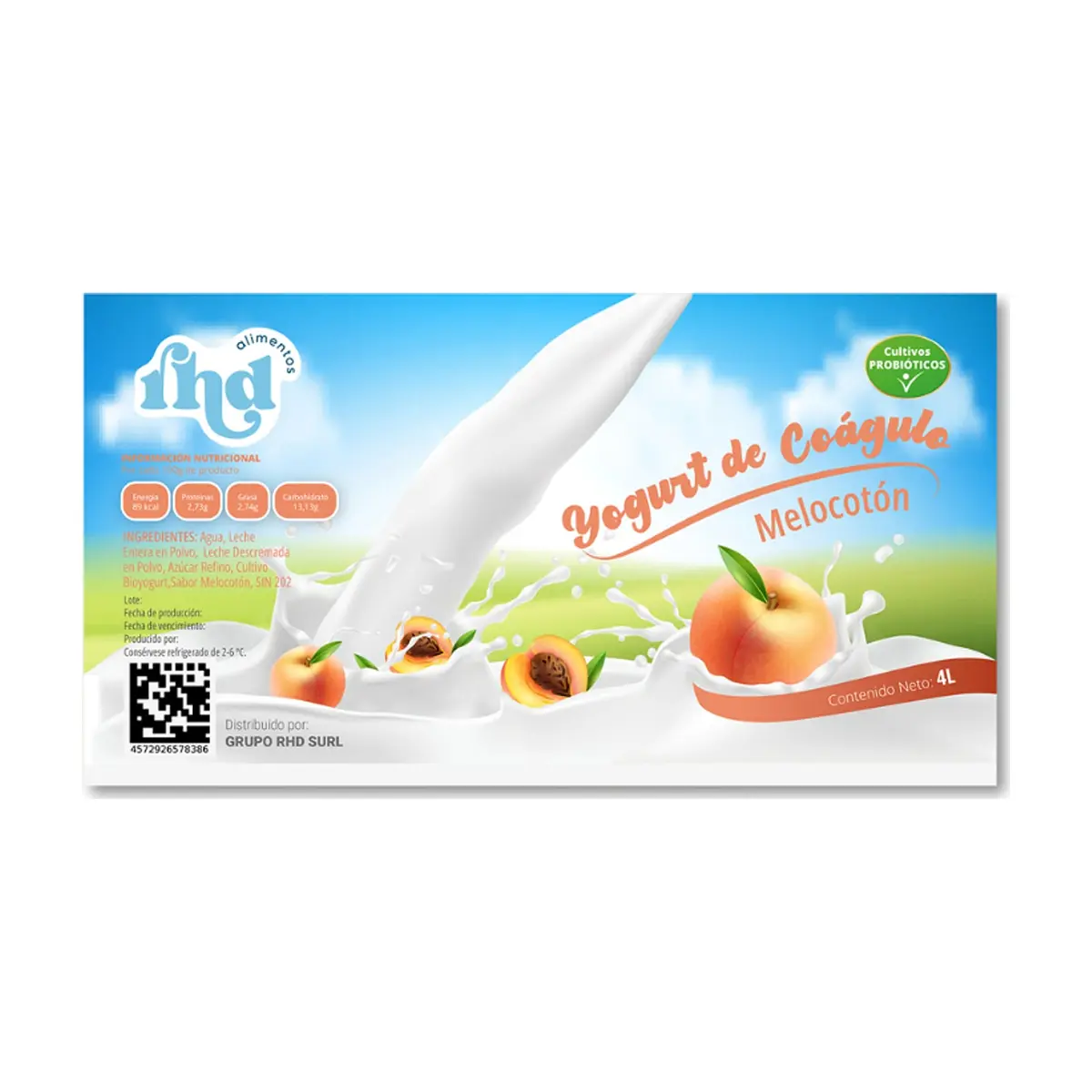 Yogurt probiótico de coágulo sabor melocotón RHD (4 L) - Miniatura 3