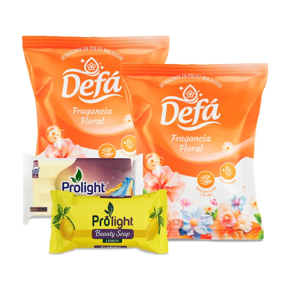 Combo de jabones y detergentes #7: Detergente en polvo multiusos fragancia floral Defá + Jabón de belleza Prolight + Jabón de lavar con enzimas Prolight - Imagen 1