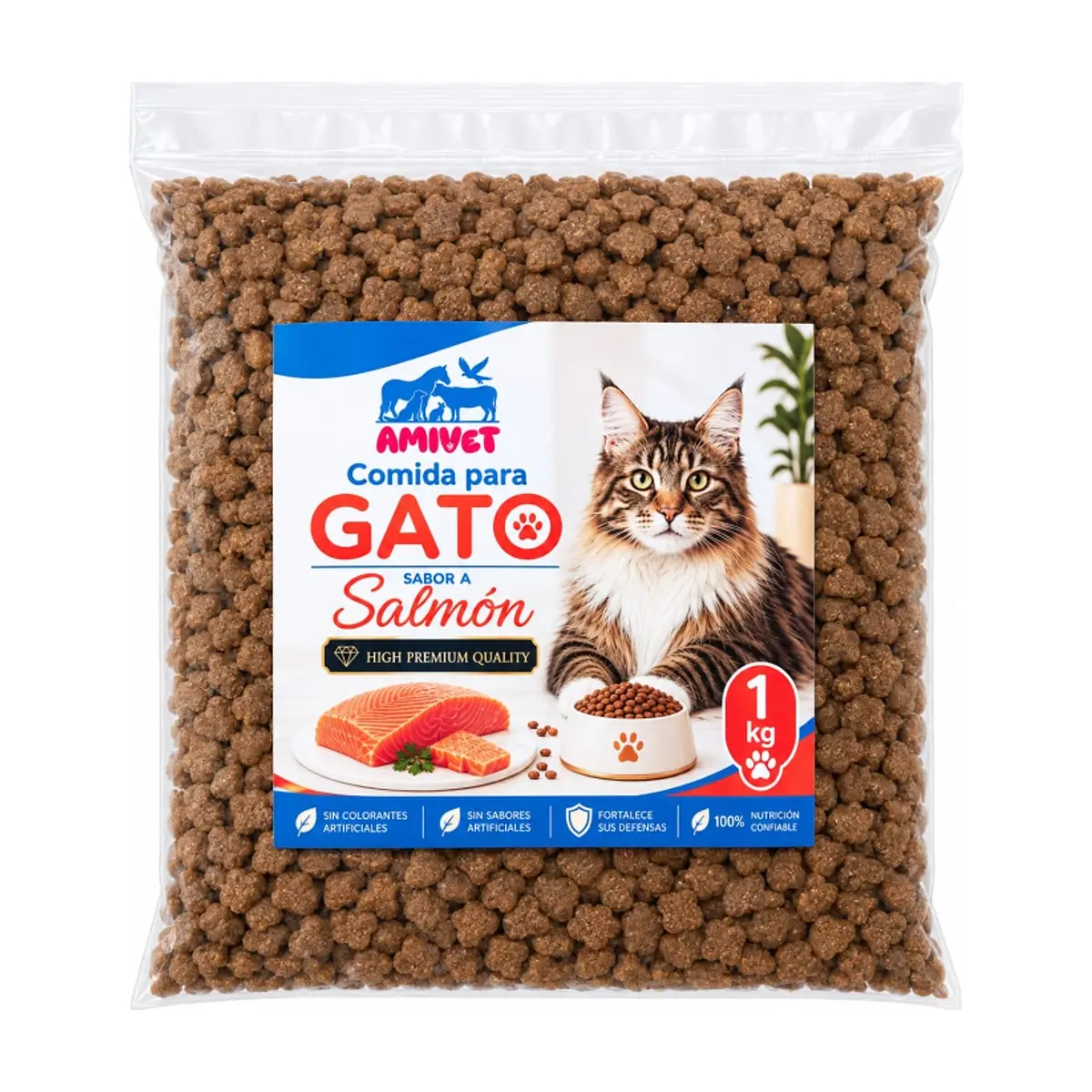 Pienso con sabor a salmón para gatos AMIVET (1 kg / 2.2 lb)