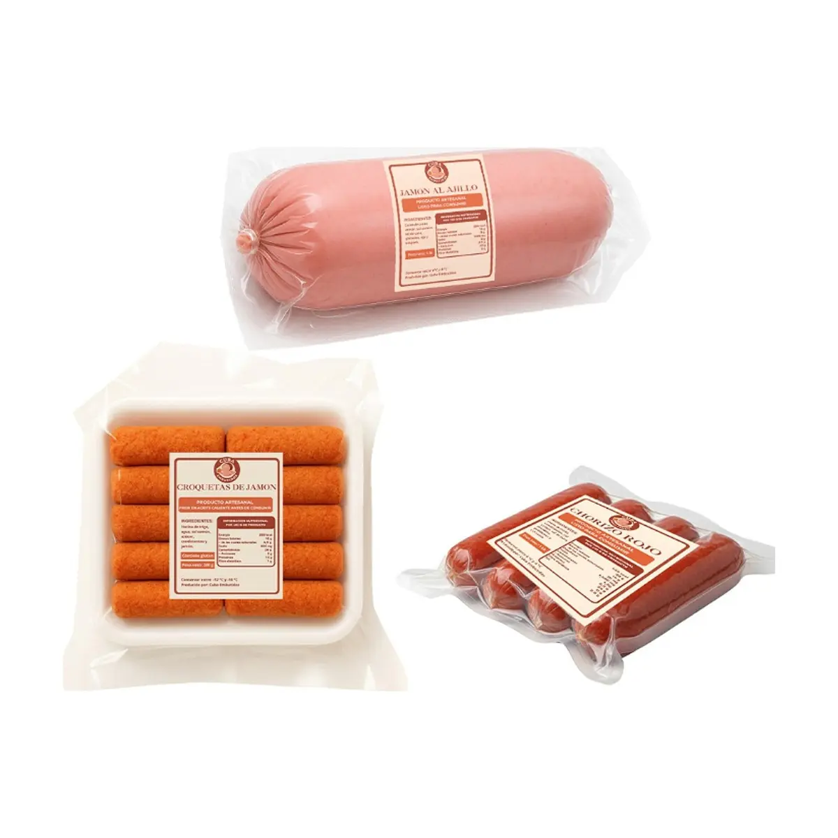 Chorizos rojos + jamón al ajillo + croquetas de jamon