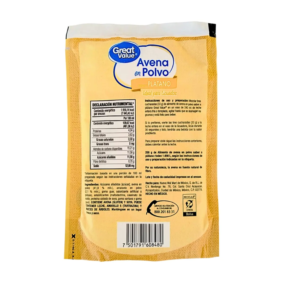 Avena para licuado instantáneo sabor plátano Great Value (200 g / 7.05 oz) - Thumbnail 8