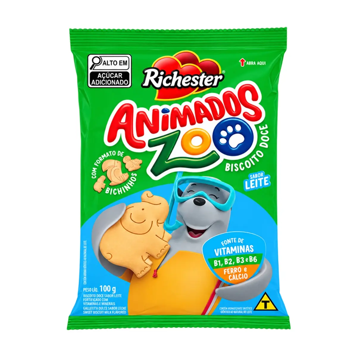 Galletas dulces con sabor a leche fortificadas con vitaminas y minerales Richester Animados Zoo (100 g / 3.52 oz)