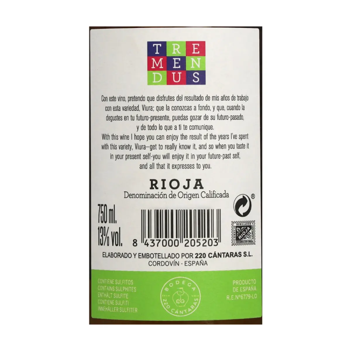 Vino blanco Rioja 2021 13 % vol Tremendus (750 ml) - Thumbnail 4