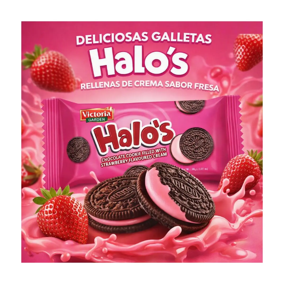 Galletas de chocolate rellenas con crema sabor fresa Victoria Garden Halo’s (12 x 30 g / 1.05 oz) - Thumbnail 5