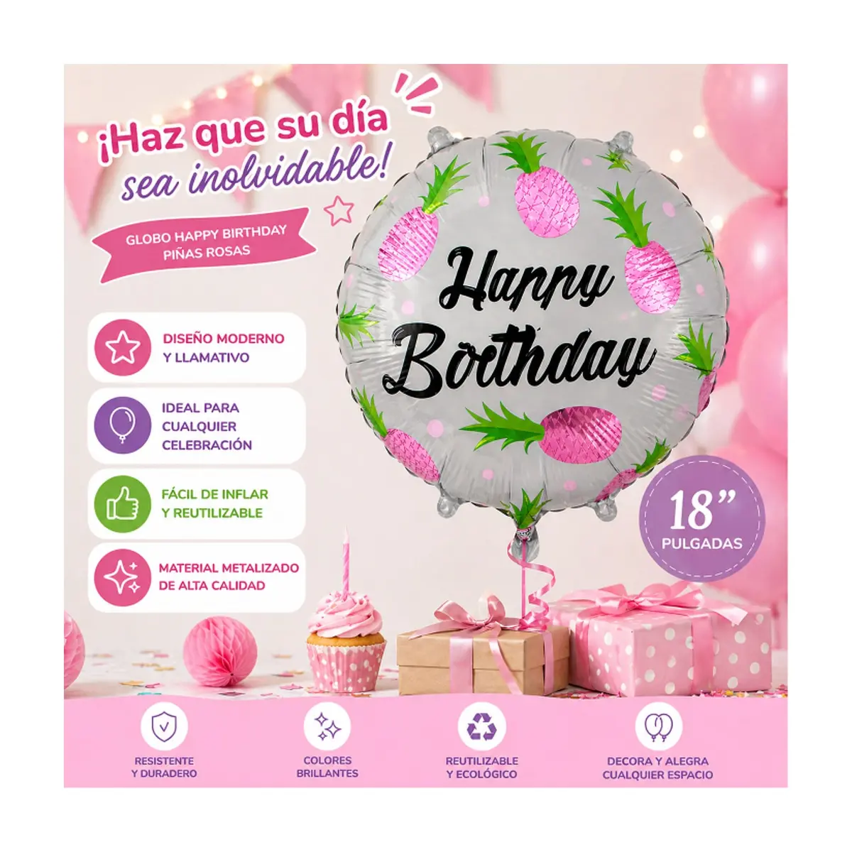 Globo redondo con diseño de piñas rosadas y cartel de Happy Birthday 18 pulgadas Ballon - Thumbnail 3
