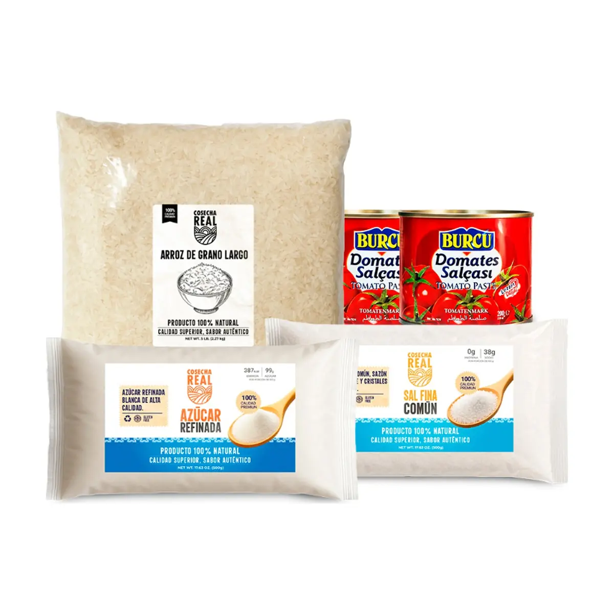 Combo básico de cocina #6: Sal fina común Cosecha Real + Arroz de grano largo Cosecha Real + Pasta de tomate Burcu + Azúcar blanca refinada Cosecha Real - Imagen 1