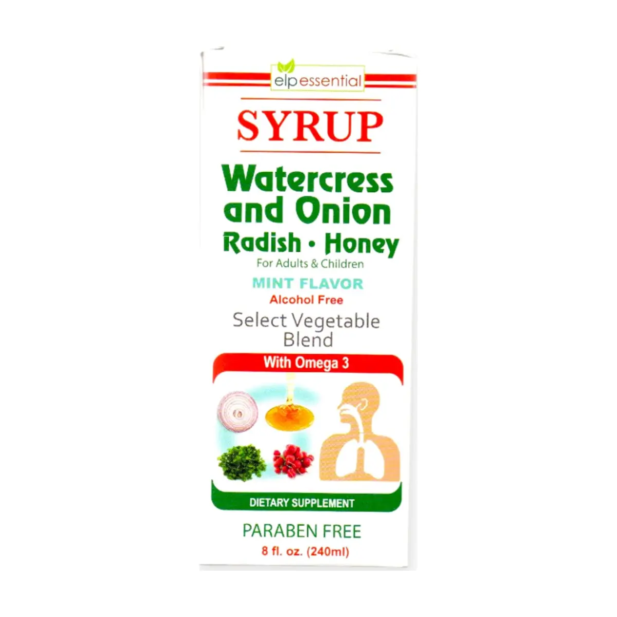 Jarabe de berro, cebolla, rábano y miel con Omega 3. Sabor a menta ELP Essential (240 ml / 8 fl. oz) - Thumbnail 2