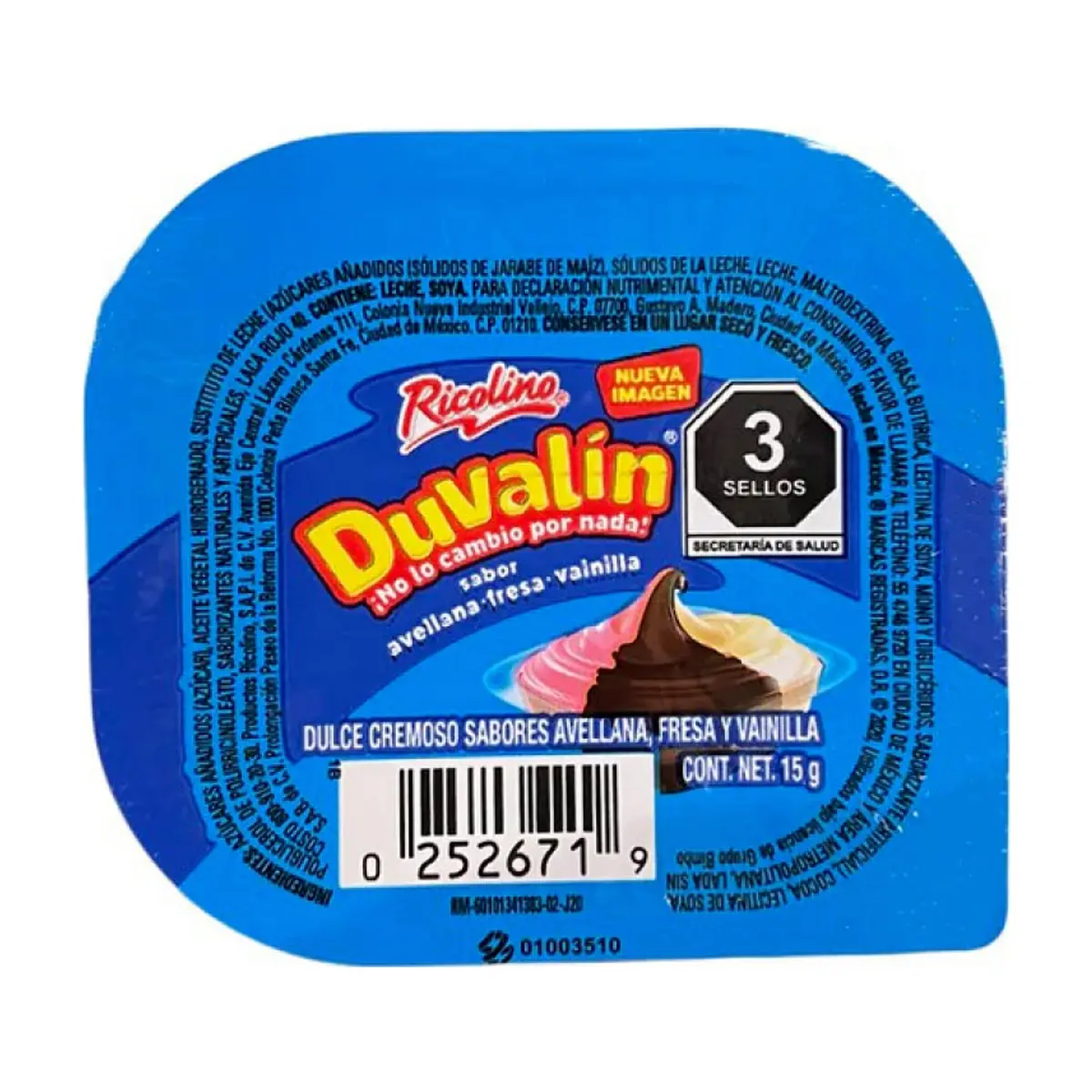 Dulce cremoso sabores avellana, fresa y vainilla Duvalín Ricolino (15 g)