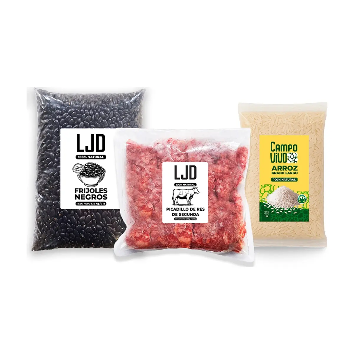 Combo Campo Vivo: Frijoles negros LJD + Arroz de grano largo + Picadillo de res de segunda LJD