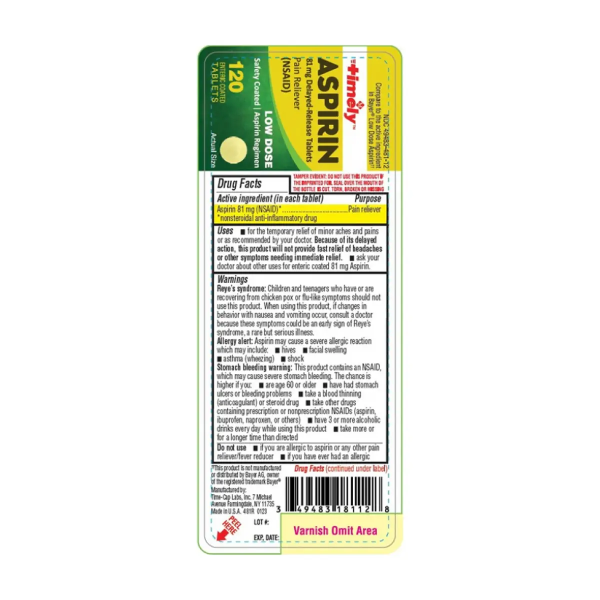 Aspirina. Ácido acetilsalicílico de liberación prolongada 81 mg Timely (120 tabletas) - Thumbnail 3