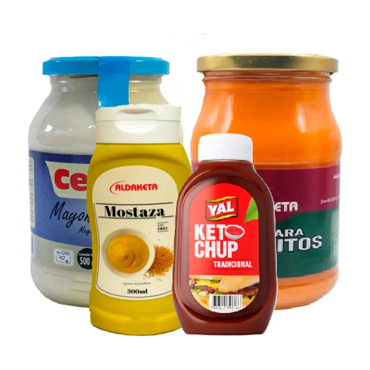Mostaza Aldaketa (300 g / 10.5 oz)+Ketchup tradicional Val (400 g / 14.11 oz) + Mayonesa Celorrio (500 ml) + Pasta para bocaditos Aldaketa (465 ml) - Imagen 1