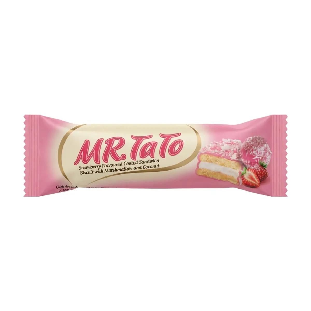Galletas de vainilla rellenas de malvavisco y cubiertas de fresa y coco MR. Tato Roz (50 g / 1.76 oz)