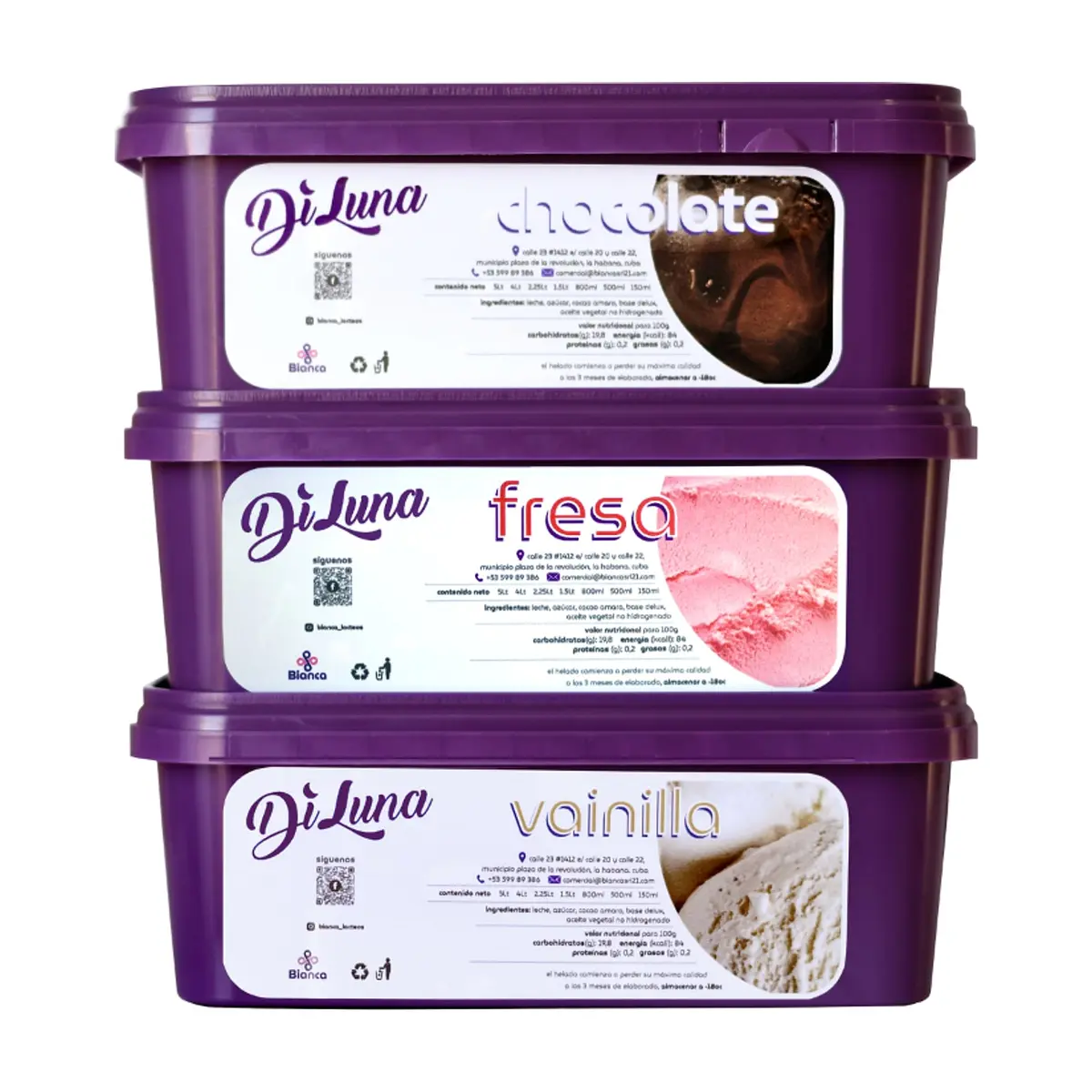 Helado sabor chocolate + sabor fresa + sabor vainilla DiLuna